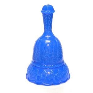 Boyd Art Glass Christmas Bell 1999 Heavenly Blue Candy Cane Santa Cottage